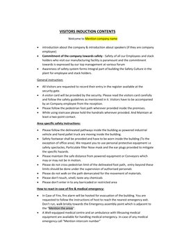 VISITORS INDUCTION CONTENTS 
Welcome to Mention company name 
 
 
introduction about the company & introduction about spea