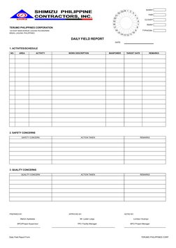 Daily Field Report Form
TERUMO PHILIPPINES CORP.
SUNNY 
FAIR 
CLOUDY 
RAINY 
TERUMO PHILIPPINES CORPORATION
124 EAST MAIN AVE