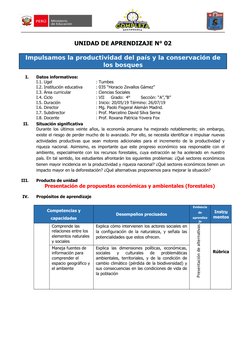 UNIDAD DE APRENDIZAJE N° 02
Impulsamos la productividad del país y la conservación de
los bosques
I.
Datos informativos:
I.1.