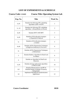 1 
 
LIST OF EXPERIMENTS & SCHEDULE  
Course Code: CS1035  
Course Title: Operating System Lab  
Exp. No. 
Title 
Week No. 
1
