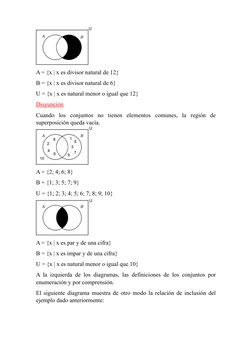 A = {x | x es divisor natural de 12}
B = {x | x es divisor natural de 6}
U = {x | x es natural menor o igual que 12}
Disyunci