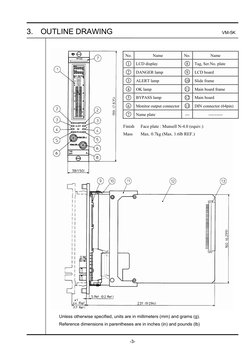 3.  OUTLINE DRAWING 
VM-5K 
 
-3- 
 
No.
Name 
No. 
Name 
1 
LCD display 
8 
Tag, Ser.No. plate 
2 
DANGER lamp 
9 
LCD boa