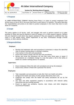 Al-Jaber International Company 
 
System for Working Alone Program 
Doc. No: AJB-WA-PR-01 
Issue Number: 01 
Revision Num