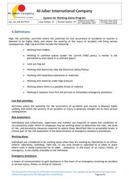 Al-Jaber International Company 
 
System for Working Alone Program 
Doc. No: AJB-WA-PR-01 
Issue Number: 01 
Revision Num