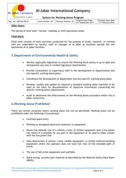 Al-Jaber International Company 
 
System for Working Alone Program 
Doc. No: AJB-WA-PR-01 
Issue Number: 01 
Revision Num