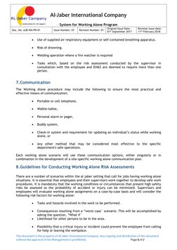 Al-Jaber International Company 
 
System for Working Alone Program 
Doc. No: AJB-WA-PR-01 
Issue Number: 01 
Revision Num