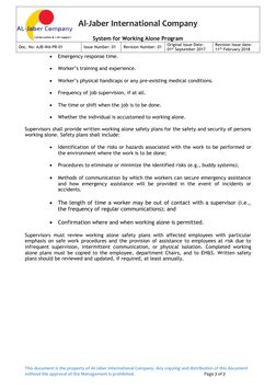 Al-Jaber International Company 
 
System for Working Alone Program 
Doc. No: AJB-WA-PR-01 
Issue Number: 01 
Revision Num