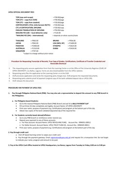 UPOU OFFICIAL DOCUMENT FEES 
 
TOR (new and recopy) 
 
 
= P30.00/page 
TOR (CTC – copy from OUR)  
 
= P30.00/page 
TOR