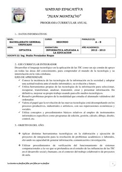 Los docentes no planifican fallar, pero fallan por no planificar 
1 
UNIDAD EDUCATIVA 
“JUAN MONTALVO” 
PROGRAMA CURRICULAR A