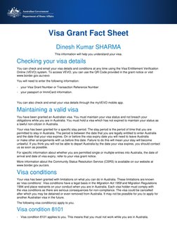 Visa Grant Fact Sheet
Dinesh Kumar SHARMA
This information will help you understand your visa.
Checking your visa details
You