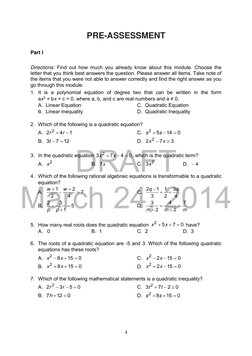 DRAFT 
March 24, 2014
4 
 
PRE-ASSESSMENT 
 
Part I  
 
Directions: Find out how much you already know about this module. Cho