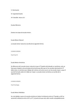 V- Dominante 
 
VI- Superdominante 
 
VII- Sensible: atrae a la I 
 
 
 
Escalas Menores 
 
 
 
Existen tres tipos de escala