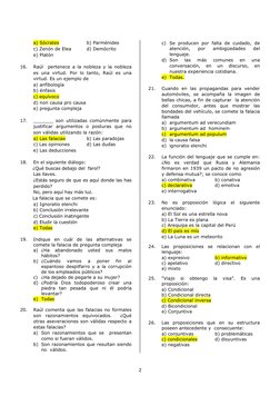 2 
 
 
a) Sócrates 
 
b) Parménides        
 
c) Zenón de Elea 
d) Demócrito  
 
e) Platón 
 
16. 
Raúl  pertenece a la noble