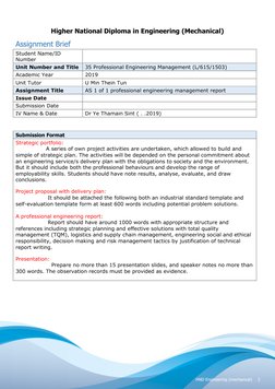 2 
HND Engineering (mechanical) 
 
 
Higher National Diploma in Engineering (Mechanical) 
Assignment Brief 
Student Name/ID