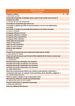 ANÁLISIS LITERARIO 
LISTA DE COTEJO 
Aspectos a evaluar 
SI 
NO 
I.-DATOS DEL AUTOR 
Se describe la biografía, la ideología,