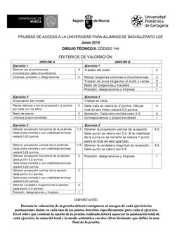 PRUEBAS DE ACCESO A LA UNIVERSIDAD PARA ALUMNOS DE BACHILLERATO LOE 
Junio 2014 
DIBUJO TÉCNICO II. CÓDIGO 144