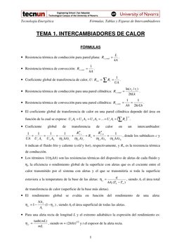 Tecnología Energética 
Fórmulas, Tablas y Figuras de Intercambiadores 
1 
TEMA 1. INTERCAMBIADORES DE CALOR 
FÓRMULAS 
• Re