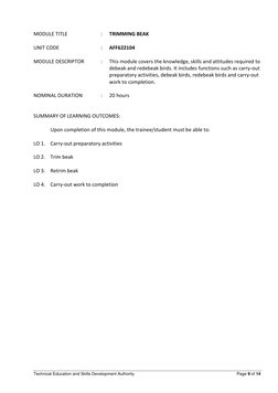 Technical Education and Skills Development Authority 
Page 9 of 14  
 
MODULE TITLE                 
: 
TRIMMING BEAK 
 
UN