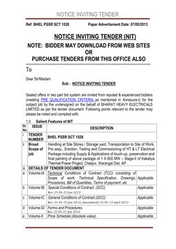NOTICE INVITING TENDER 
 
 
Ref: BHEL PSSR SCT 1528                   Paper Advertisment Date: 07/05/2013 
 
NOTICE INVITING
