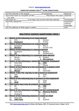 Class 6 Computer Science MCQs Guide | PDF | World Wide Web | Internet & Web