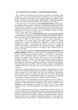 3 
 
Las tres dimensiones de lo político y el análisis de políticas públicas 
Para comenzar la introducción en un plano más a