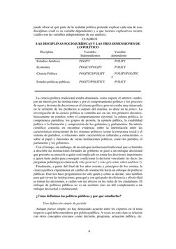 4 
 
puede observar qué parte de la realidad política pretende explicar cada una de esas 
disciplinas (cuál es su variable de