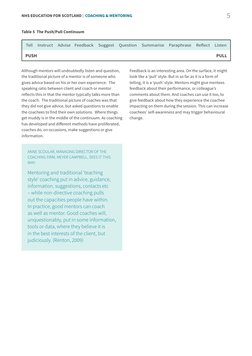 NHS EDUCATION FOR SCOTLAND |  COACHING & MENTORING
 5
Table 5  The Push/Pull Continuum
Tell     Instruct     Advise    Feedba