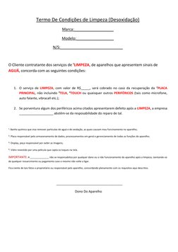 Termo De Condições de Limpeza (Desoxidação) 
Marca:___________________ 
Modelo:__________________ 
N/S:____________________