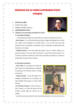 ANÁLISIS DE LA OBRA LITERARIA PACO 
YUNQUE 
 
I. 
DATOS DE LA OBRA  
 
AUTOR: César Vallejo 
 
GÉNERO LITERARIO: Narrativo