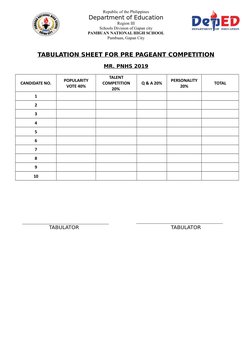 Tabulation Sheet for PNHS Pageants | PDF
