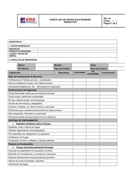 CHECK LIST DE GRUPO ELECTROGENO
PREDICTIVO
Rev. 01
Fecha:    /    /
Página 1 de 2