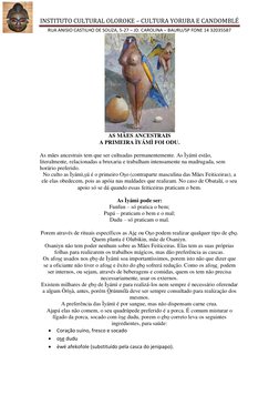 INSTITUTO CULTURAL OLOROKE – CULTURA YORUBA E CANDOMBLÉ 
RUA ANISIO CASTILHO DE SOUZA, 5-27 – JD. CAROLINA – BAURU/SP FONE 14