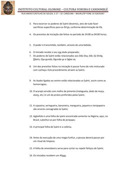 INSTITUTO CULTURAL OLOROKE – CULTURA YORUBA E CANDOMBLÉ 
RUA ANISIO CASTILHO DE SOUZA, 5-27 – JD. CAROLINA – BAURU/SP FONE 14