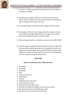 INSTITUTO CULTURAL OLOROKE – CULTURA YORUBA E CANDOMBLÉ 
RUA ANISIO CASTILHO DE SOUZA, 5-27 – JD. CAROLINA – BAURU/SP FONE 14