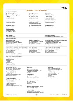 VRL Logistics Limited
36th Annual Report 2018-19
1
BOARD OF DIRECTORS
Dr. Vijay Sankeshwar	
Anand Sankeshwar	
K N Umesh	
Chai