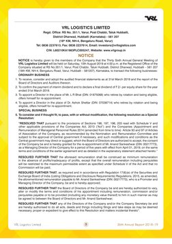 VRL Logistics Limited
36th Annual Report 2018-19
3
VRL LOGISTICS LIMITED
Regd. Office: RS No. 351/1, Varur, Post Chabbi, Talu