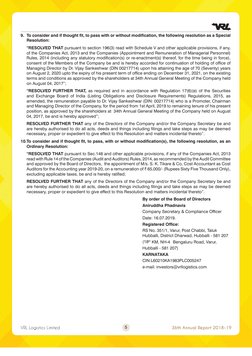 VRL Logistics Limited
36th Annual Report 2018-19
5
9.	 To consider and if thought fit, to pass with or without modification,