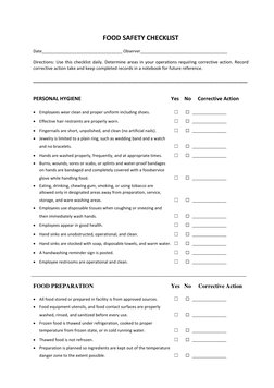 FOOD SAFETY CHECKLIST 
Date___________________________________ Observer______________________________________ 
Directions: Us
