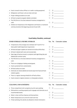  Food is stored 6 inches off floor or in walk-in cooling equipment. 
☐   ☐   __________________ 
 Refrigerator and freezer