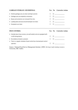 GARBAGE STORAGE AND DISPOSAL 
  
 
      Yes    No     Corrective Action 
 Kitchen garbage cans are clean and kept covered.