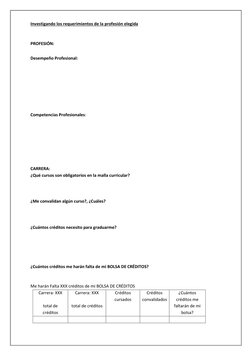 Investigando los requerimientos de la profesión elegida 
 
 
PROFESIÓN:  
 
Desempeño Profesional:  
 
 
 
 
 
 
Competencias