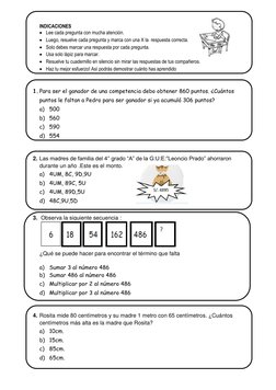 INDICACIONES  
 Lee cada pregunta con mucha atención.  
 Luego, resuelve cada pregunta y marca con una X la  resp