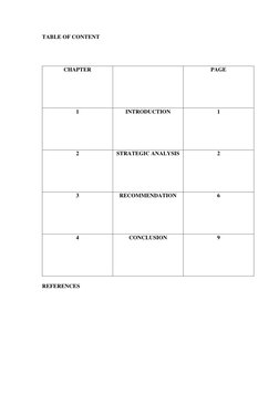 TABLE OF CONTENT 
 
 
 
 
CHAPTER 
 
PAGE 
1 
INTRODUCTION 
1 
2 
STRATEGIC ANALYSIS 
2 
3 
RECOMMENDATION 
6 
4 
CONCLUSION