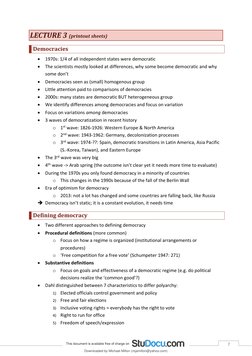 7 
LECTURE 3 (printout sheets) 
Democracies 
• 1970s: 1/4 of all independent states were democratic 
• The scientists mostl