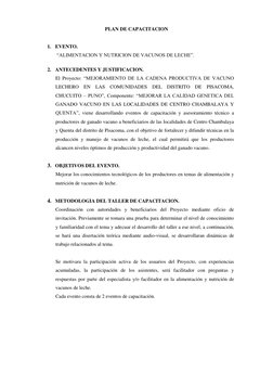 PLAN DE CAPACITACION 
 
1. EVENTO. 
 “ALIMENTACION Y NUTRICION DE VACUNOS DE LECHE”. 
 
2. ANTECEDENTES Y JUSTIFICACION. 
El