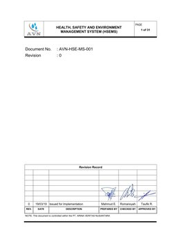 HEALTH, SAFETY AND ENVIRONMENT 
MANAGEMENT SYSTEM (HSEMS) 
PAGE 
1 of 31 
 
Document No. 
: AVN-HSE-MS-001
