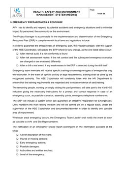 HEALTH, SAFETY AND ENVIRONMENT 
MANAGEMENT SYSTEM (HSEMS) 
PAGE 
10 of 31 
9. EMERGENCY PREPAREDNESS & RESPONSE