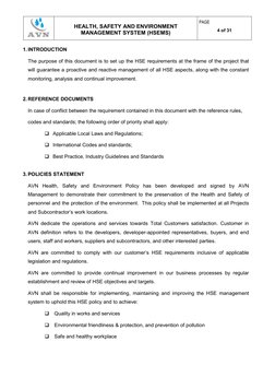 HEALTH, SAFETY AND ENVIRONMENT 
MANAGEMENT SYSTEM (HSEMS) 
PAGE 
4 of 31 
1. INTRODUCTION 
The purpose of this