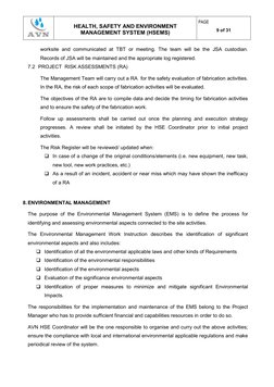 HEALTH, SAFETY AND ENVIRONMENT 
MANAGEMENT SYSTEM (HSEMS) 
PAGE 
9 of 31 
worksite and communicated at TBT or m