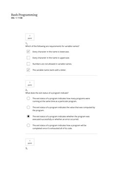 1。
Which of the following are requirements for variable names?
1
point
Every character in the name is lowercase.

Every char